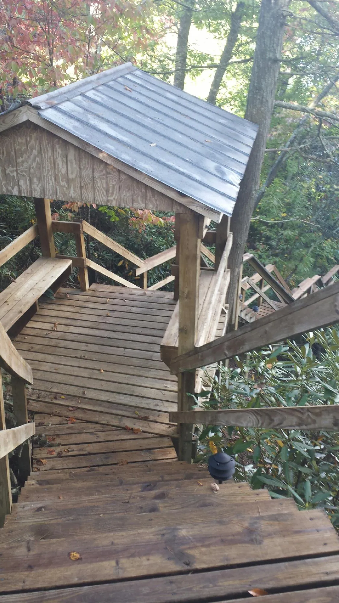 Metal roofed shelter over wooden steps on a wooded walkway — Skylight Repair & Installation work by our crew in East Alton
